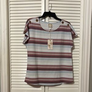 NWT Striped Button-Shoulder Women’s Top in Light Blue and Mauve